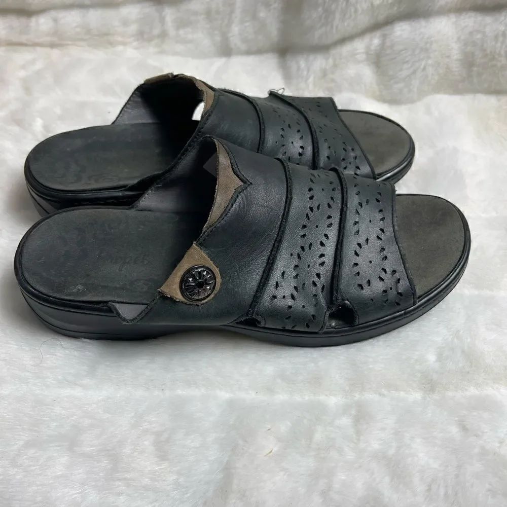 Propèt black leather laser cutouts details and medallion slide sandals size 10